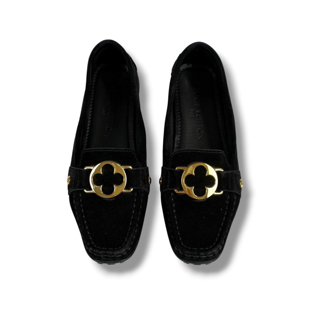 Louis Vuitton Flower Motif Loafers Driving Shoes Black Noir Suede Leather — view 4