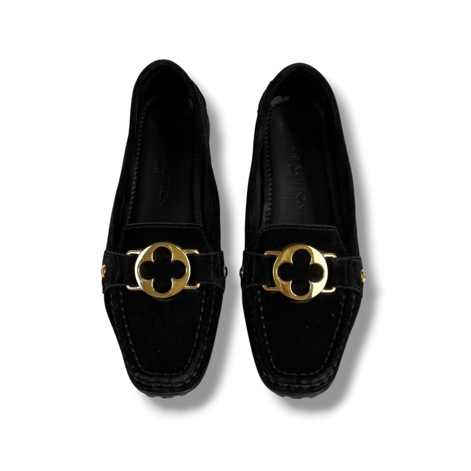 Louis Vuitton Flower Motif Loafers Driving Shoes Black Noir Suede Leather — view 4