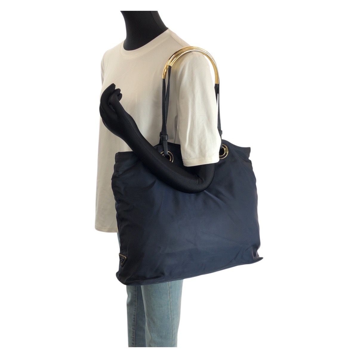 Prada Tessuto Navy Gold Nylon Tote Shoulder — view 7