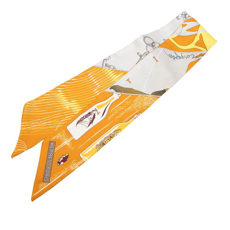Hermes Twilly Carre Shu Hami and Bottle Mors Et Bouteilles Scarf Brown Gray