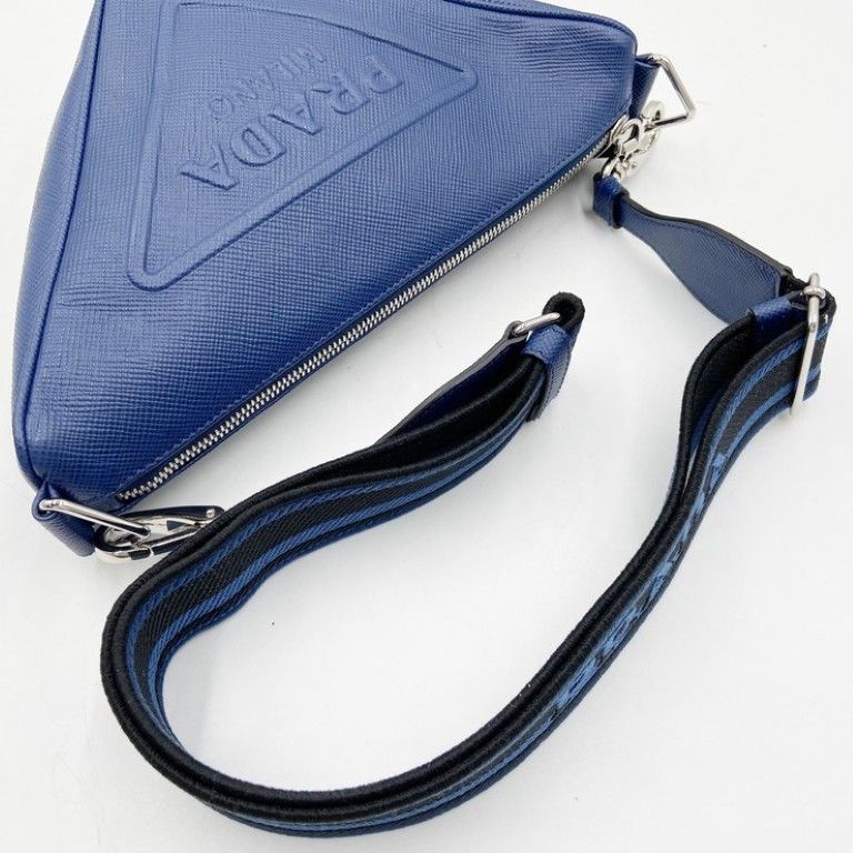 Prada Shoulder Bag Triangle Logo Blue Leather White Tag Silver — view 6