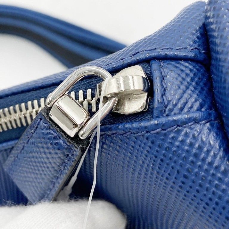 Prada Shoulder Bag Triangle Logo Blue Leather White Tag Silver — view 8