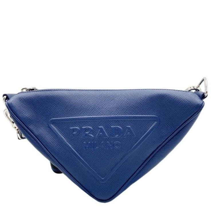 Prada Shoulder Bag Triangle Logo Blue Leather White Tag Silver