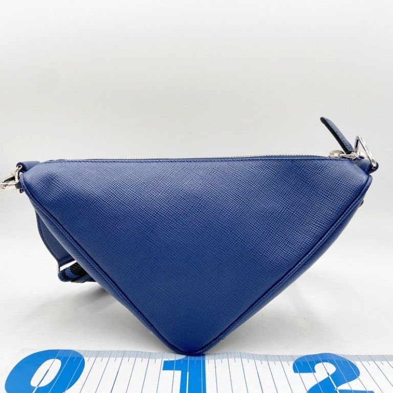 Prada Shoulder Bag Triangle Logo Blue Leather White Tag Silver — view 2