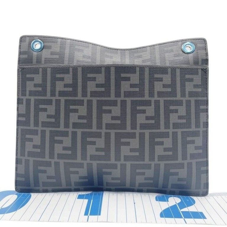Fendi Clutch Zucca Gray Black Leather Silver