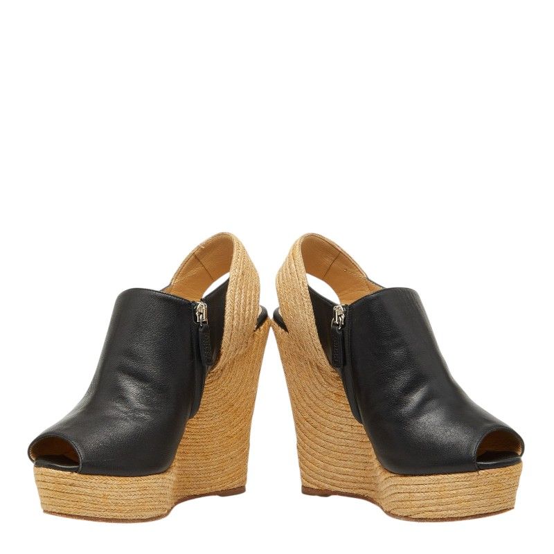 Gucci Wedge Sole Sandals 37 Beige Black Leather Wood — view 4