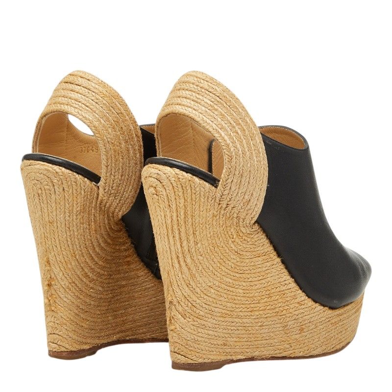 Gucci Wedge Sole Sandals 37 Beige Black Leather Wood — view 2