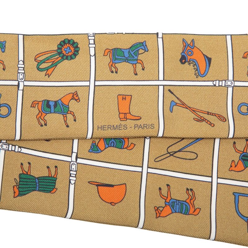 Hermes Twilly Horsewear Couvertures Et Tenues de Jour Scarf New Tag Brown Silk — view 4
