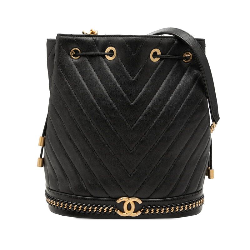 Chanel Chez Blanc Stitch CC Logo Chain Shoulder Bag Black Lambskin