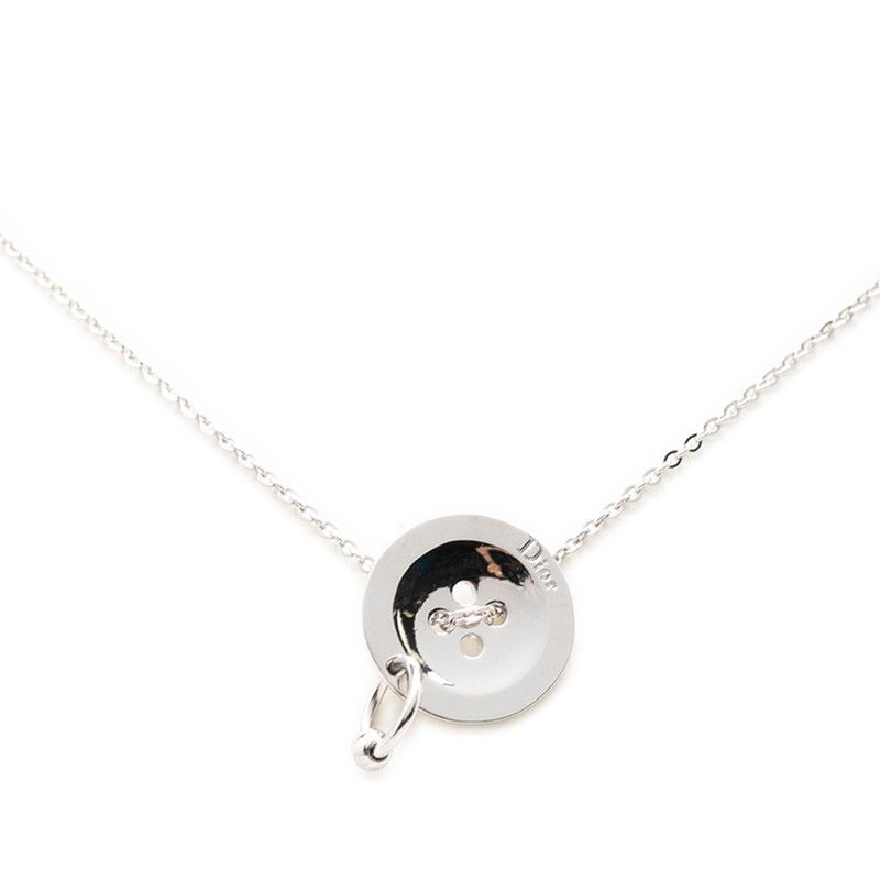 Dior Logo Button Motif Chain Necklace Silver Metal