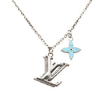 Louis Vuitton Pendant LV Initial Necklace Silver Blue Metal Rhinestone