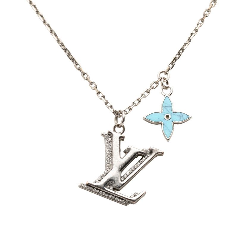 Louis Vuitton Pendant LV Initial Necklace Silver Blue Metal Rhinestone