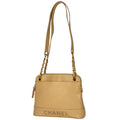 Chanel Logo Chain Tote Shoulder Bag Caviar Leather Beige
