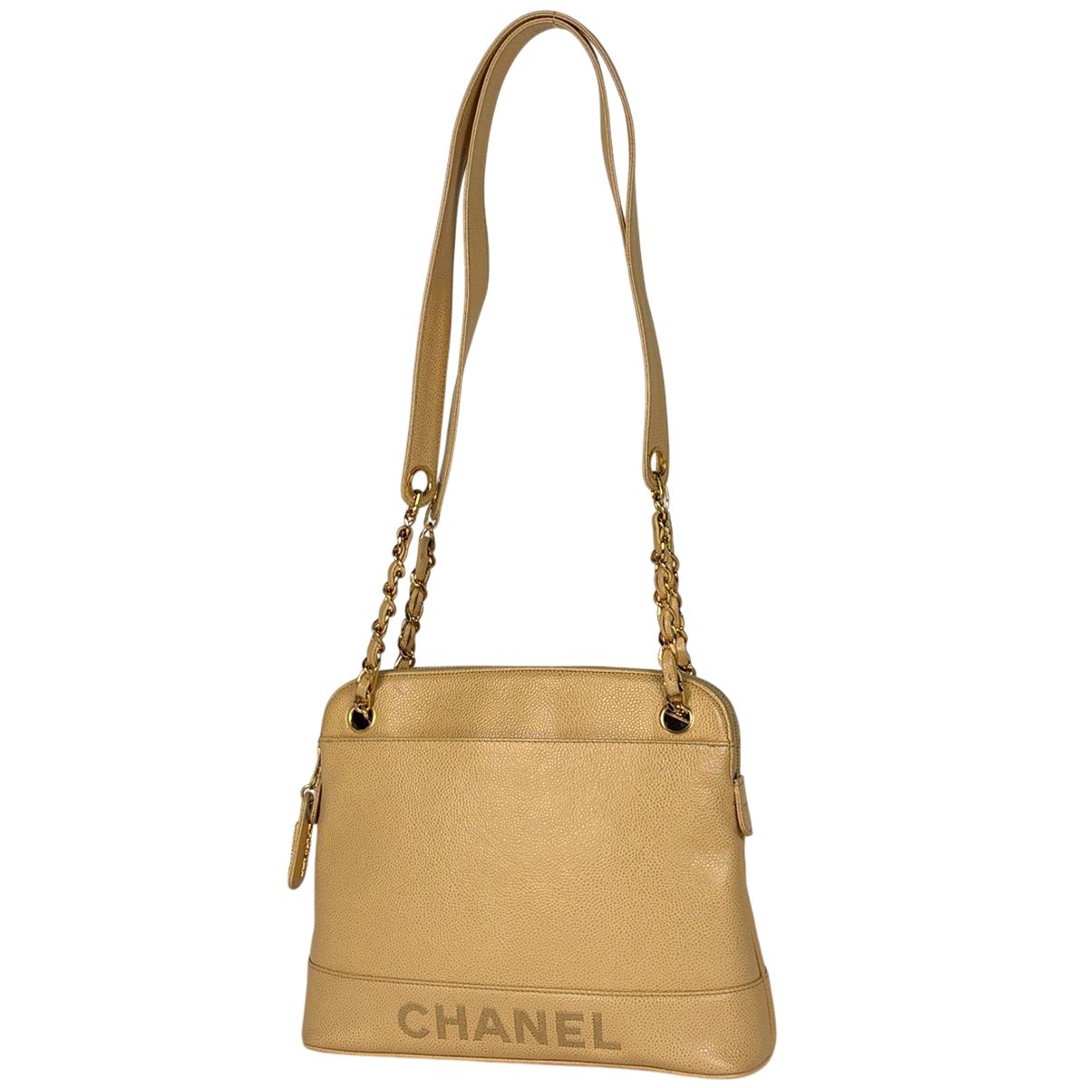 Chanel Logo Chain Tote Shoulder Bag Caviar Leather Beige