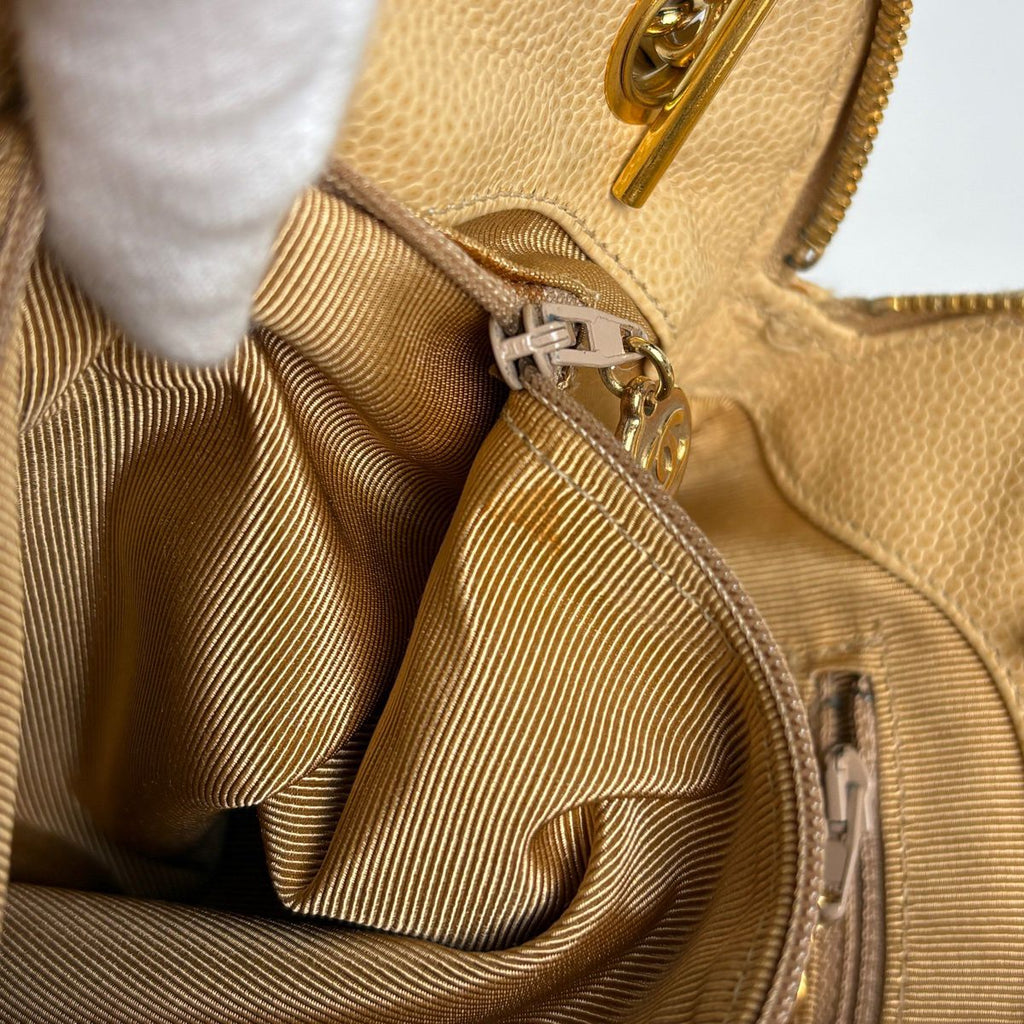 Chanel Logo Chain Tote Shoulder Bag Caviar Leather Beige — view 8