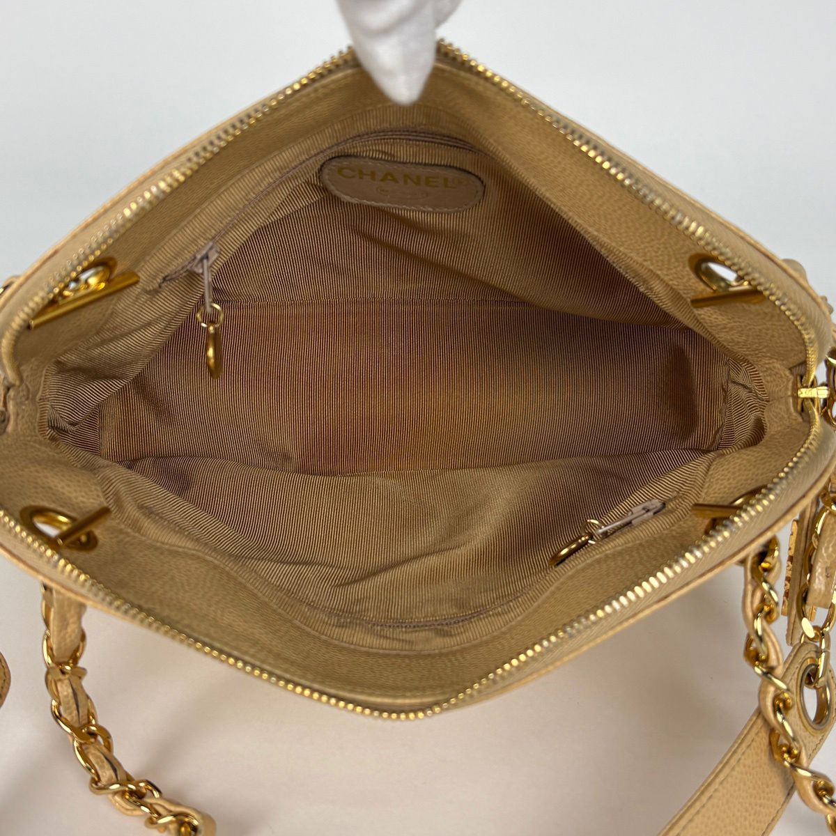 Chanel Logo Chain Tote Shoulder Bag Caviar Leather Beige — view 9