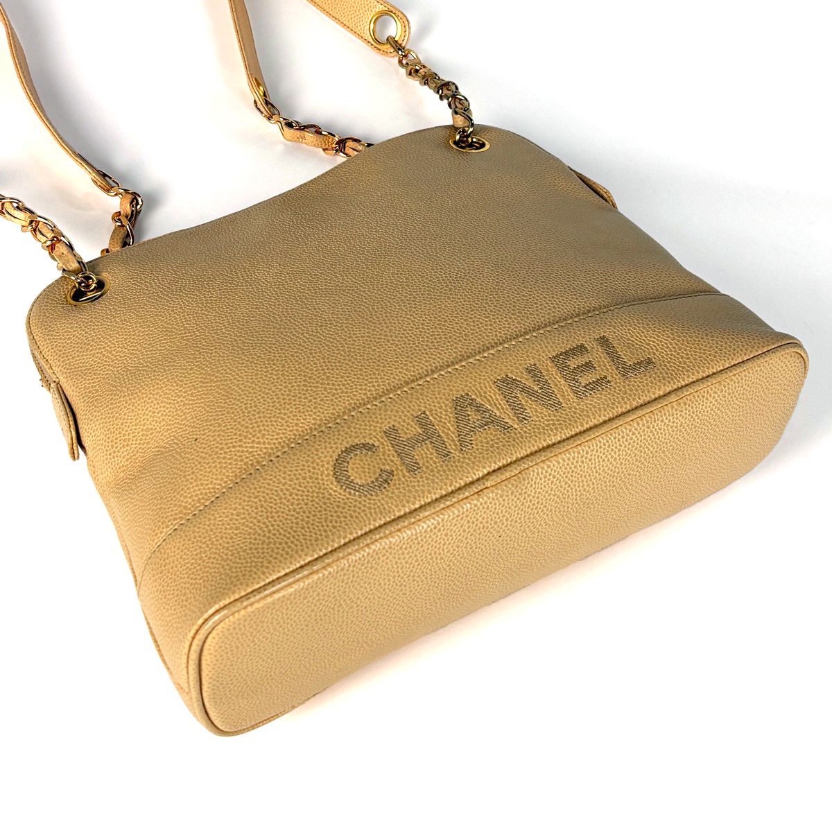 Chanel Logo Chain Tote Shoulder Bag Caviar Leather Beige — view 2
