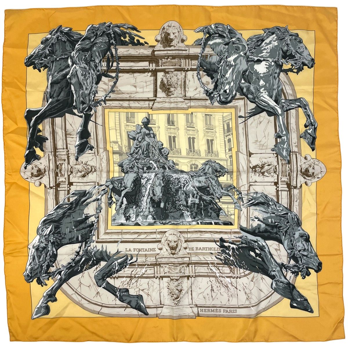 Hermes Carre 90 la Fontaine de Bartholdi Fountain Scarf Silk Yellow Multicolor