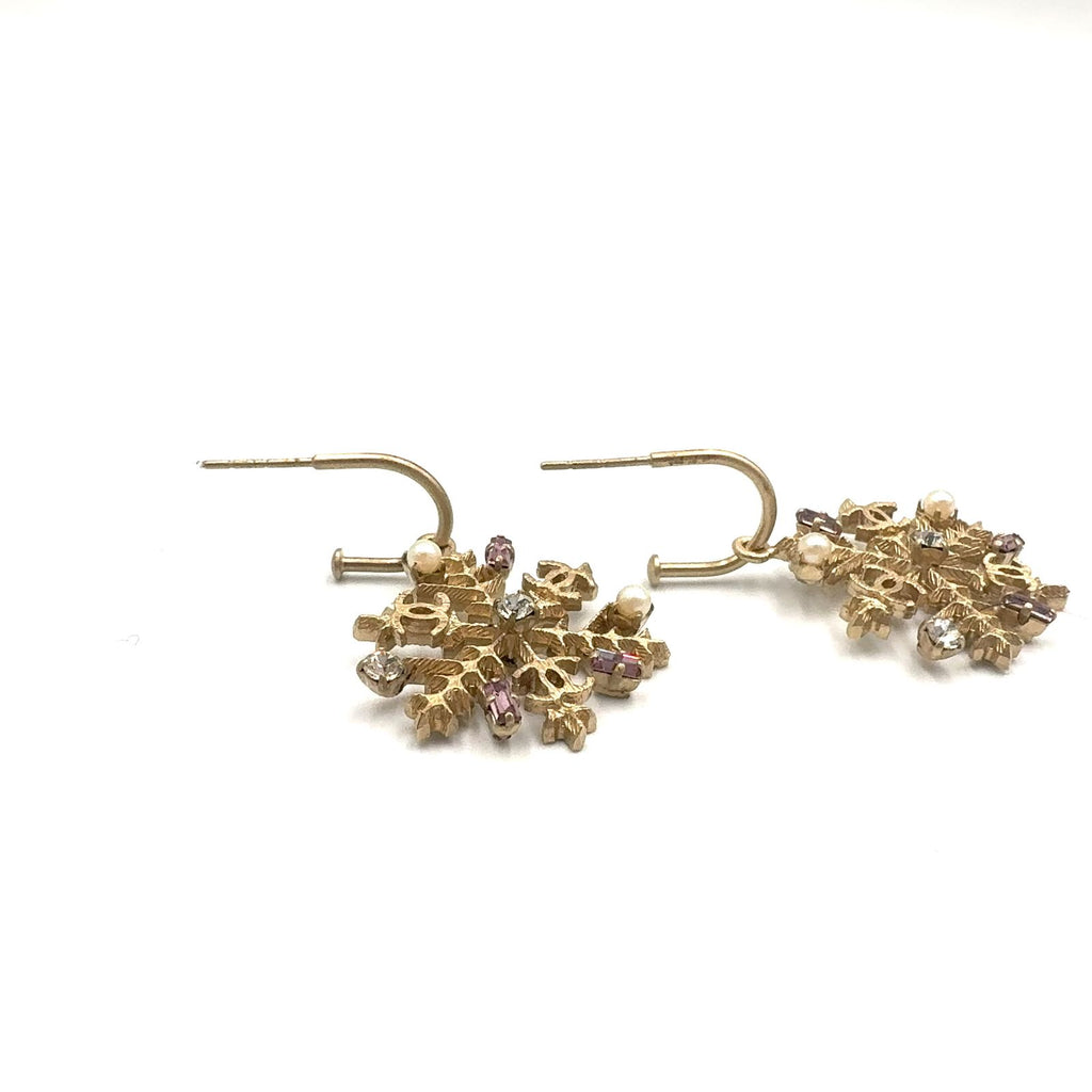 Chanel CC Logo Snowflake Faux Pearl Color Stone Clear Gold White Earrings — view 5