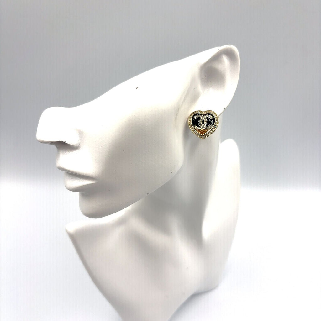 Chanel CC Logo Rhinestone Heart Color Stone Resin Clear Gold Black Earrings — view 8