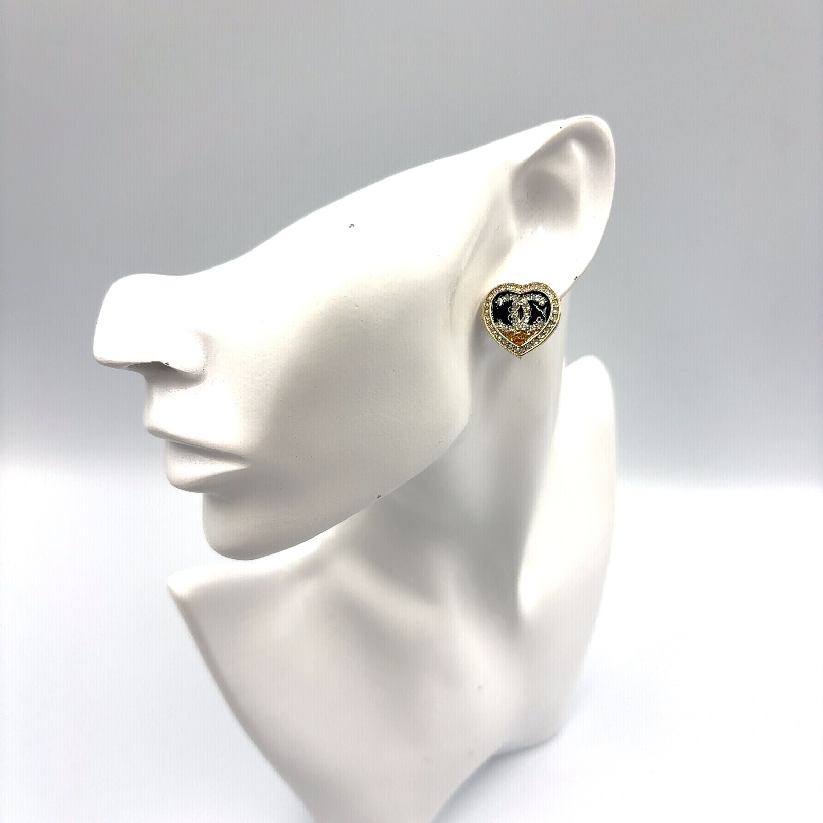 Chanel CC Logo Rhinestone Heart Color Stone Resin Clear Gold Black Earrings — view 8