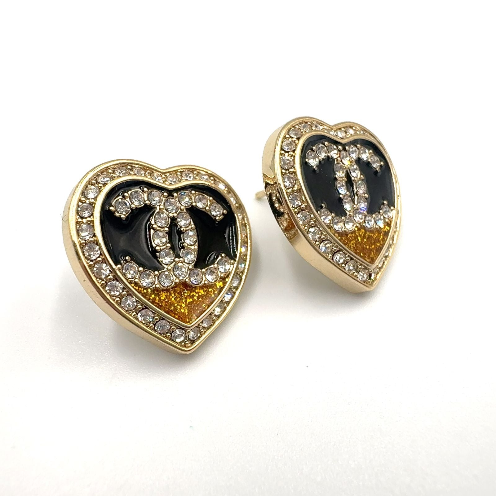Chanel CC Logo Rhinestone Heart Color Stone Resin Clear Gold Black Earrings — view 7