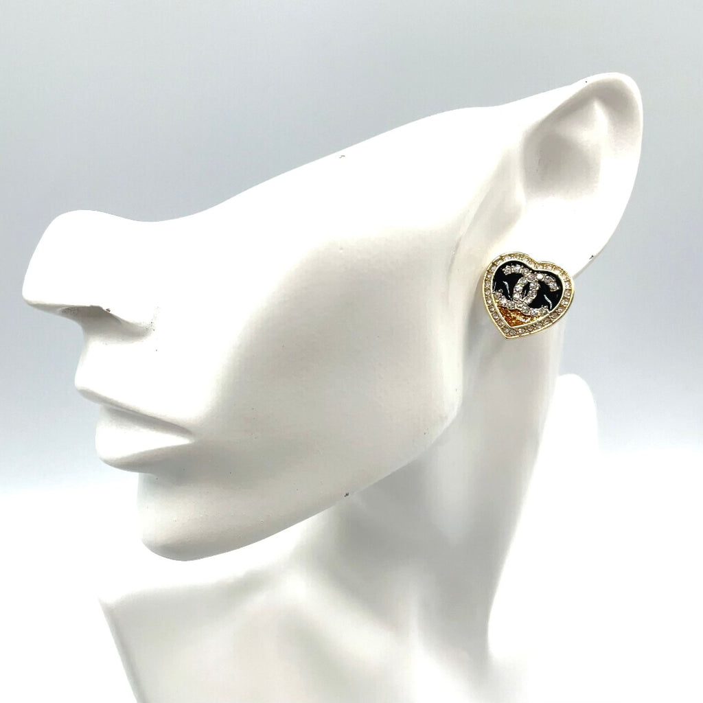 Chanel CC Logo Rhinestone Heart Color Stone Resin Clear Gold Black Earrings — view 7