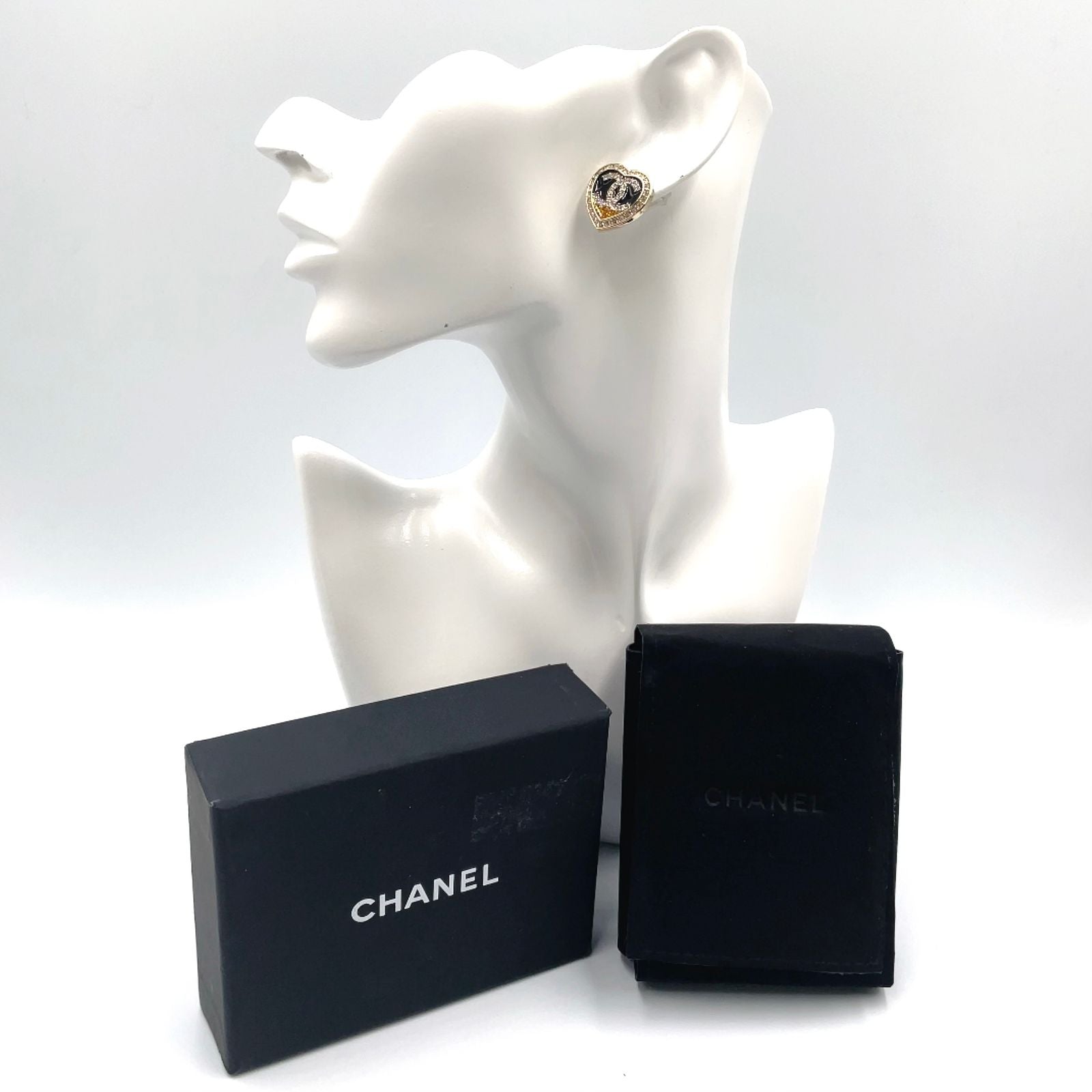 Chanel CC Logo Rhinestone Heart Color Stone Resin Clear Gold Black Earrings — view 8