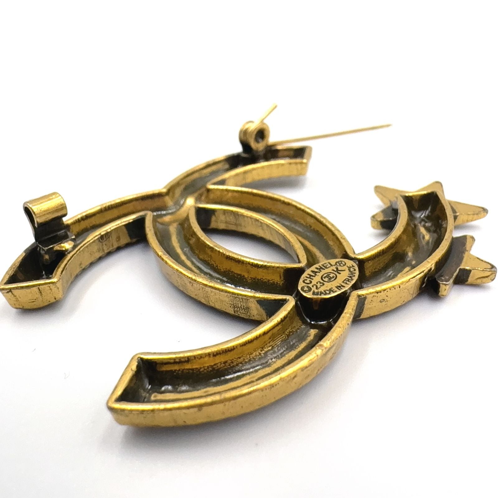 Chanel CC Logo Star Motif Color Stone Clear Gold Black Brooch — view 8