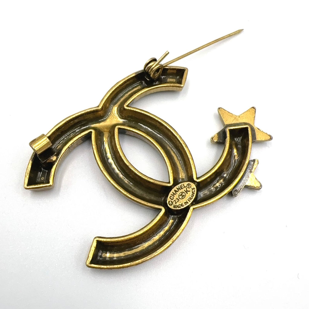 Chanel CC Logo Star Motif Color Stone Clear Gold Black Brooch — view 3