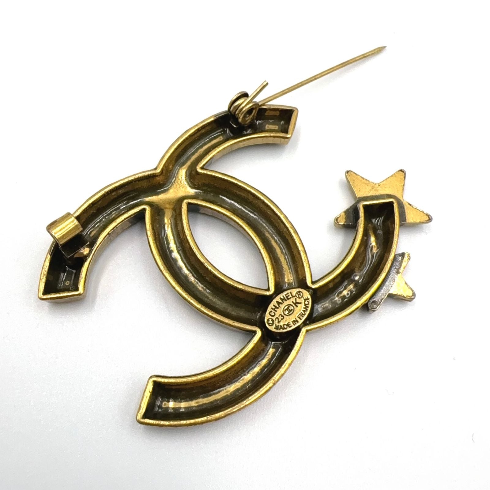 Chanel CC Logo Star Motif Color Stone Clear Gold Black Brooch — view 3