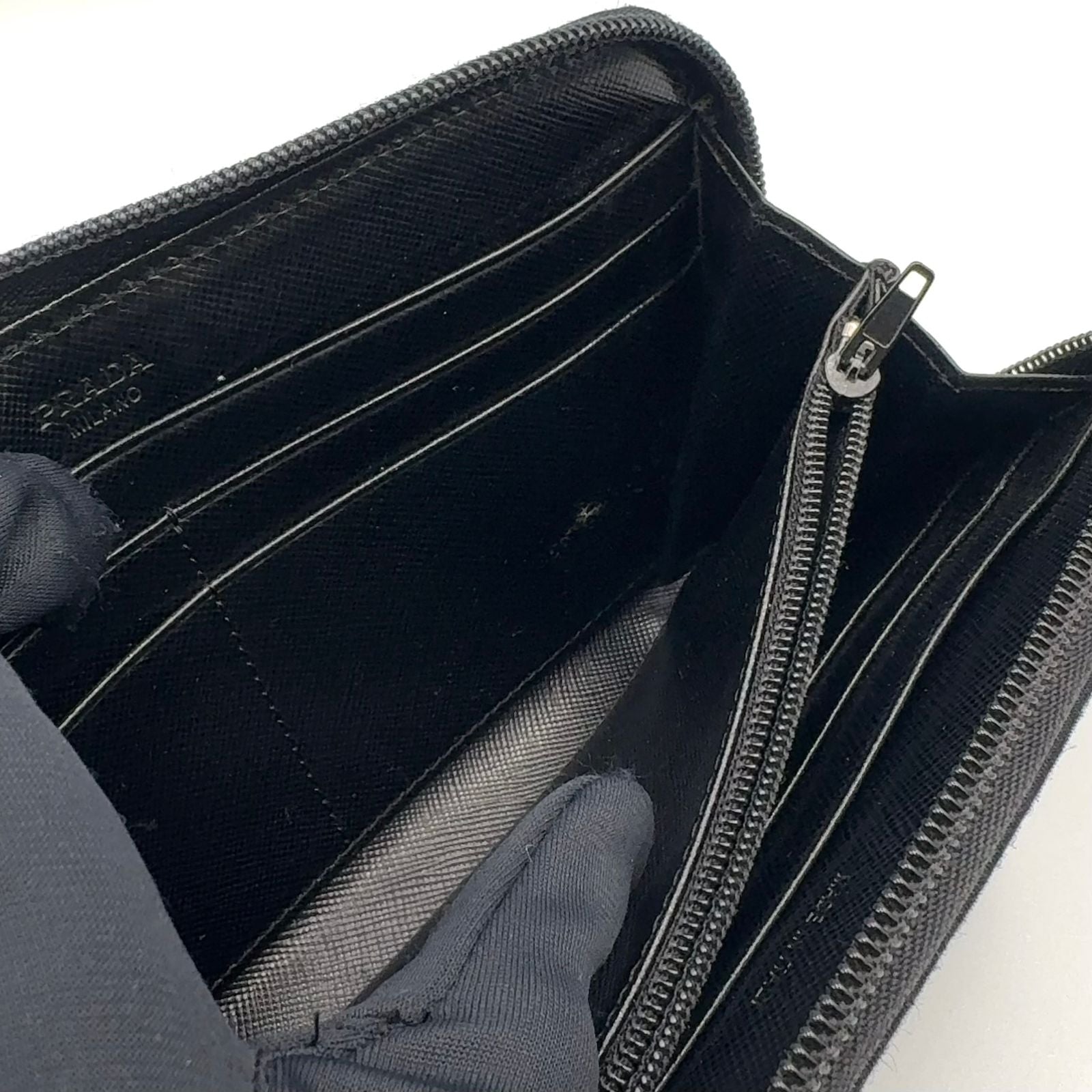 Prada Zip Around Nylon Black Wallet Silver — view 6
