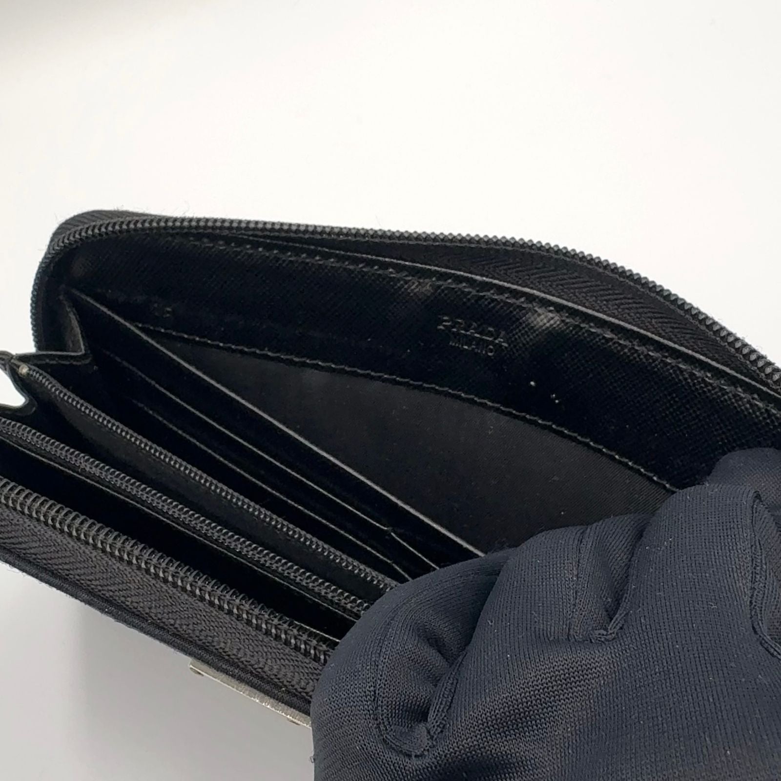 Prada Zip Around Nylon Black Wallet Silver — view 9