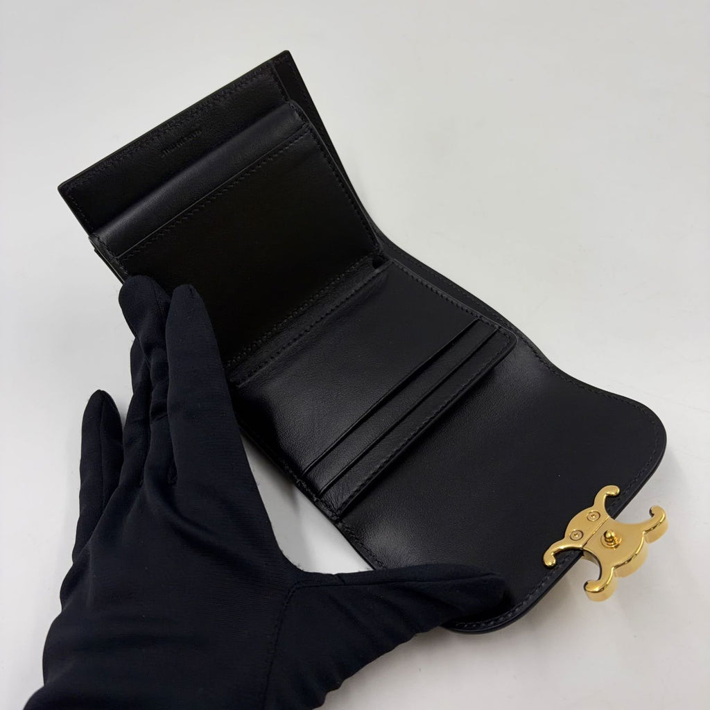 Celine Triomphe Small Flap Leather Black Wallet Gold — view 6