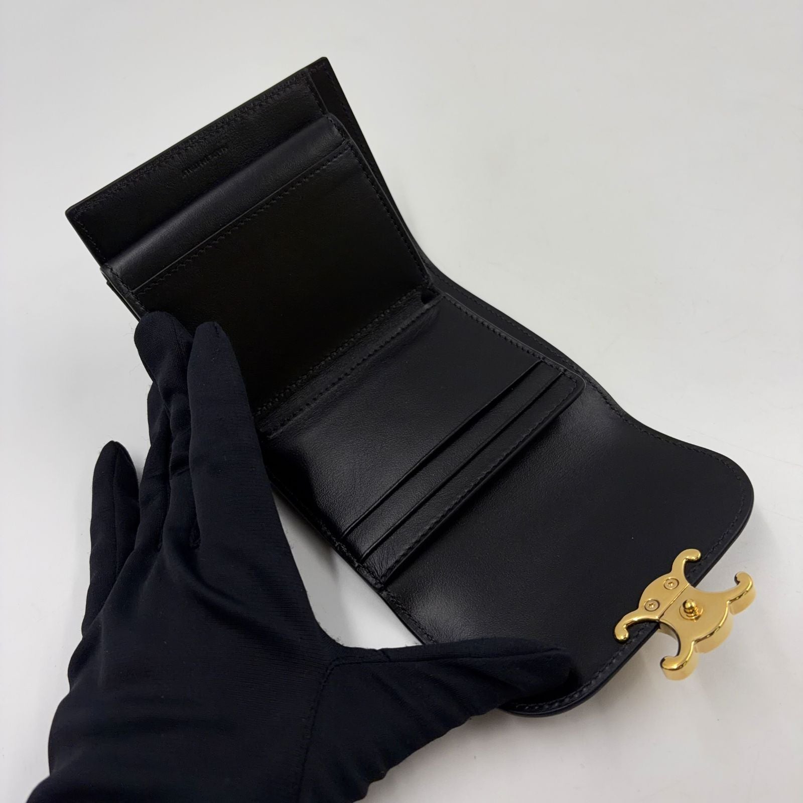 Celine Triomphe Small Flap Leather Black Wallet Gold — view 6