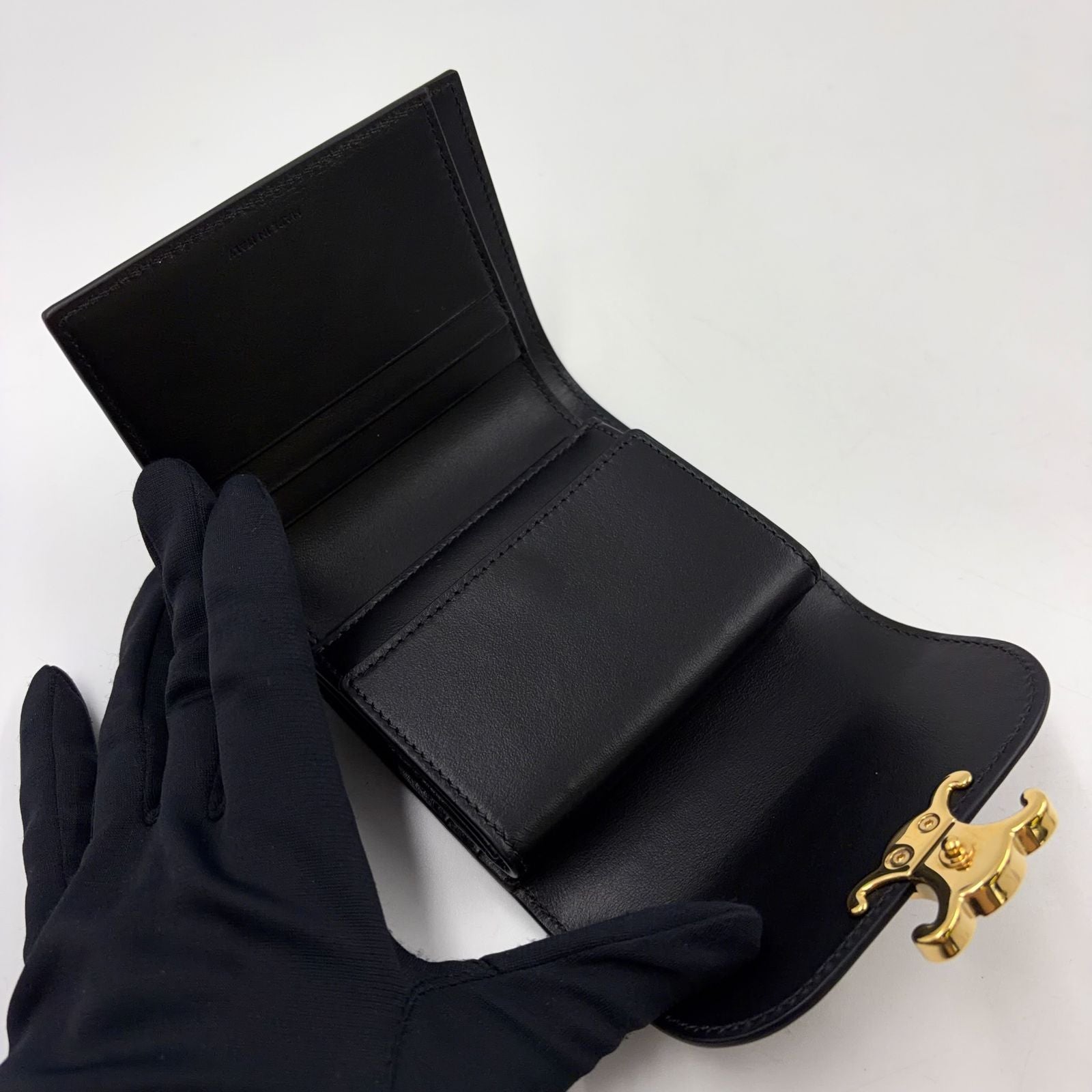 Celine Triomphe Small Flap Leather Black Wallet Gold — view 3