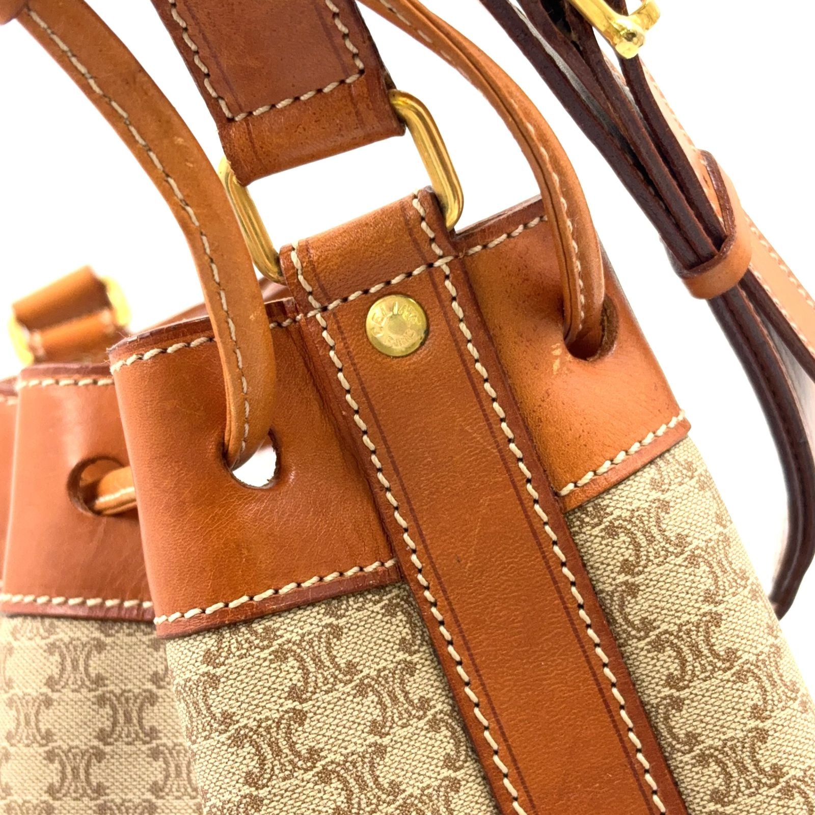 Celine Macadam Drawstring Leather Beige Light Brown Shoulder Bag Gold — view 8