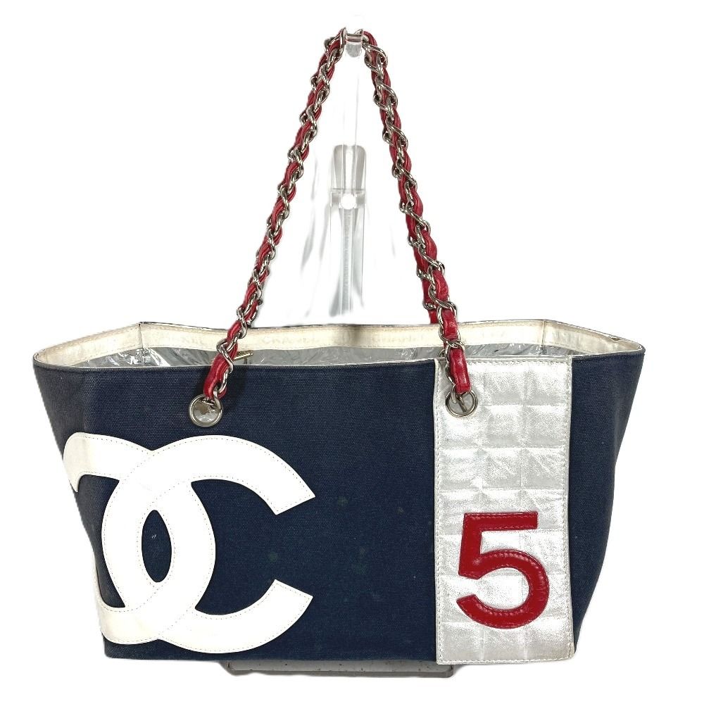 Chanel Shoulder Bag Logo CC Leather Canvas Navy