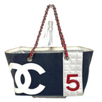 Chanel Shoulder Bag Logo CC Leather Canvas Navy