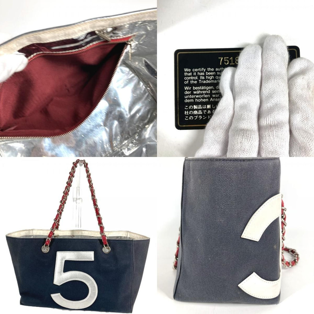 Chanel Shoulder Bag Logo CC Leather Canvas Navy — view 8