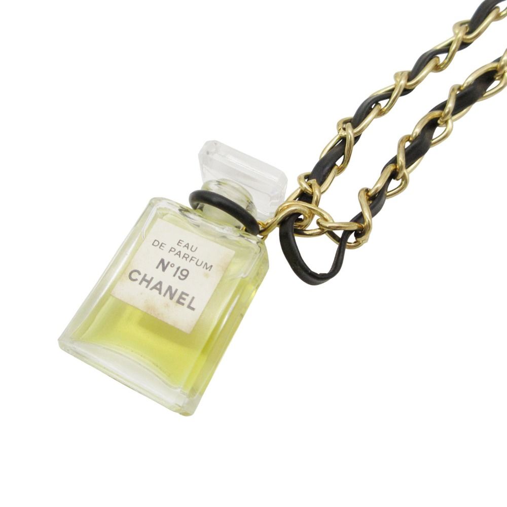 Chanel Necklace Perfume Bottle Charm Leather Chain Black Gold