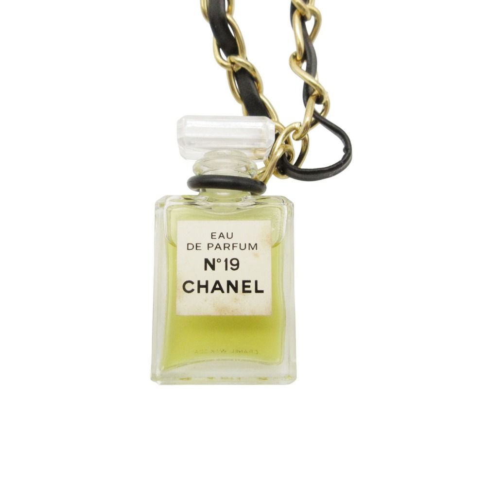 Chanel Necklace Perfume Bottle Charm Leather Chain Black Gold — view 2