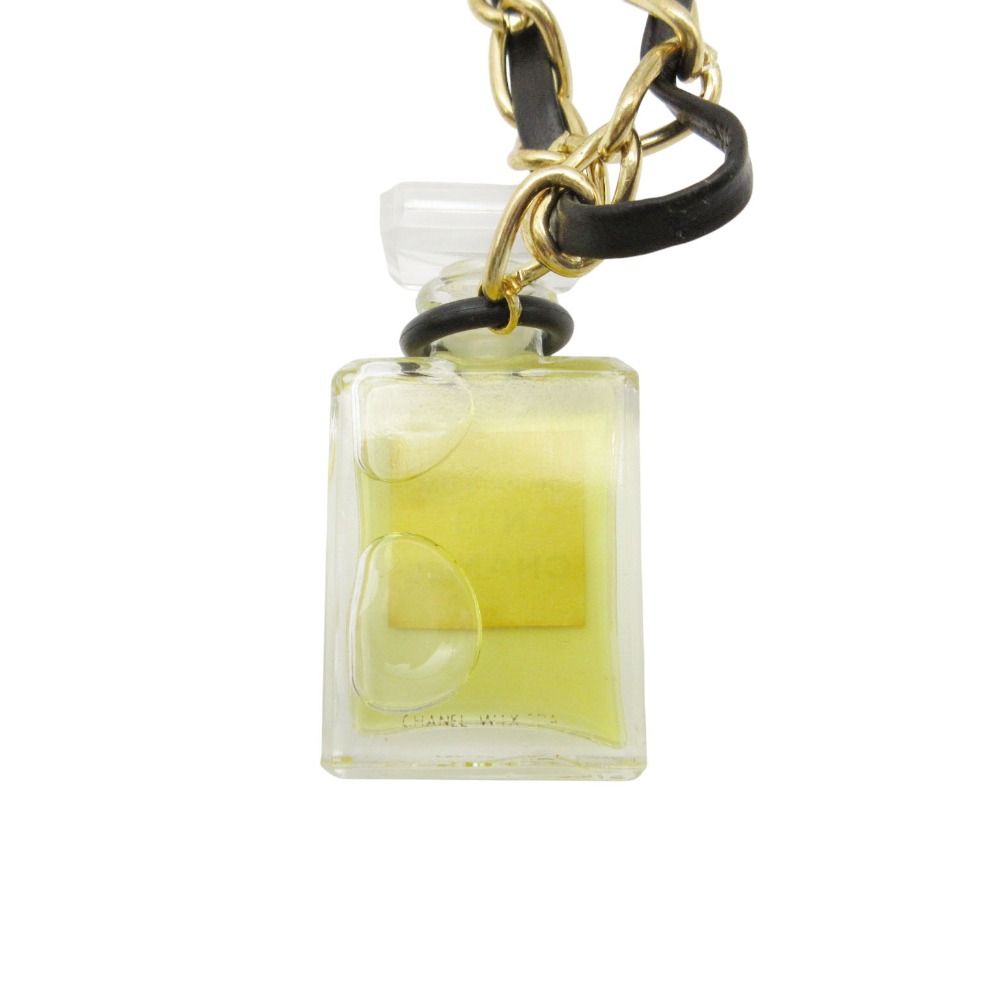 Chanel Necklace Perfume Bottle Charm Leather Chain Black Gold — view 3