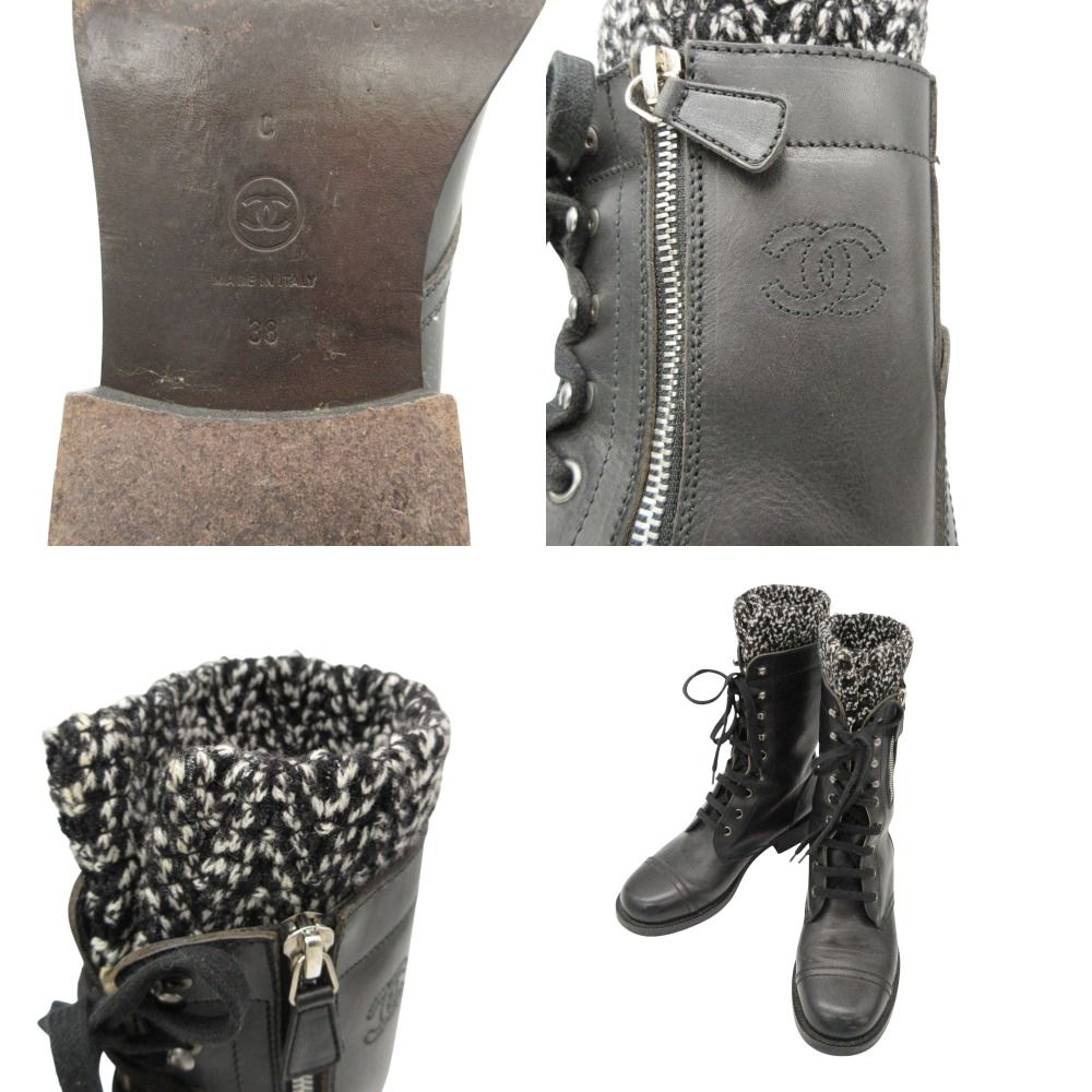 Chanel Boots CC Logo Side Zipper Long Combat Shoes Black — view 8