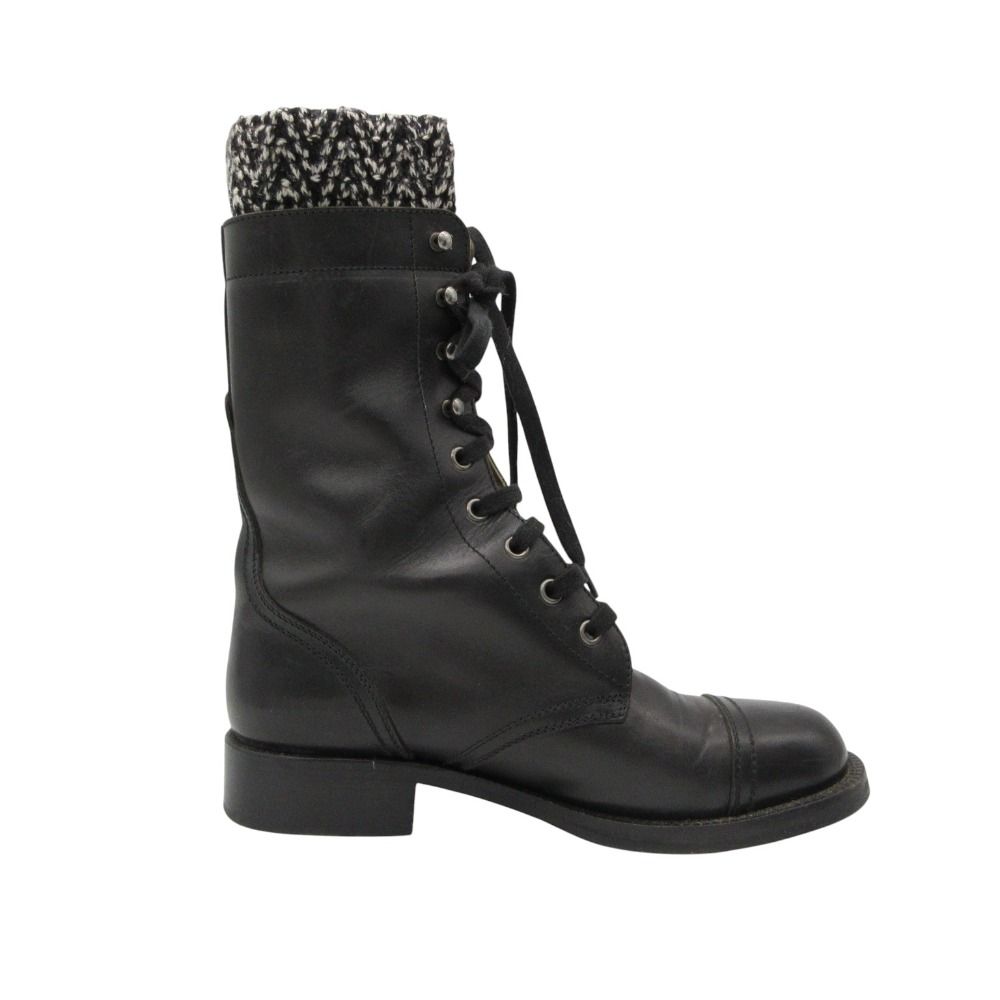 Chanel Boots CC Logo Side Zipper Long Combat Shoes Black — view 2
