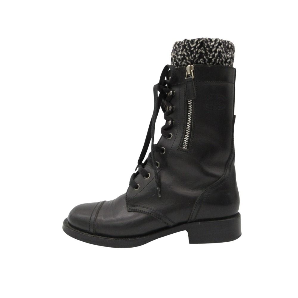 Chanel Boots CC Logo Side Zipper Long Combat Shoes Black