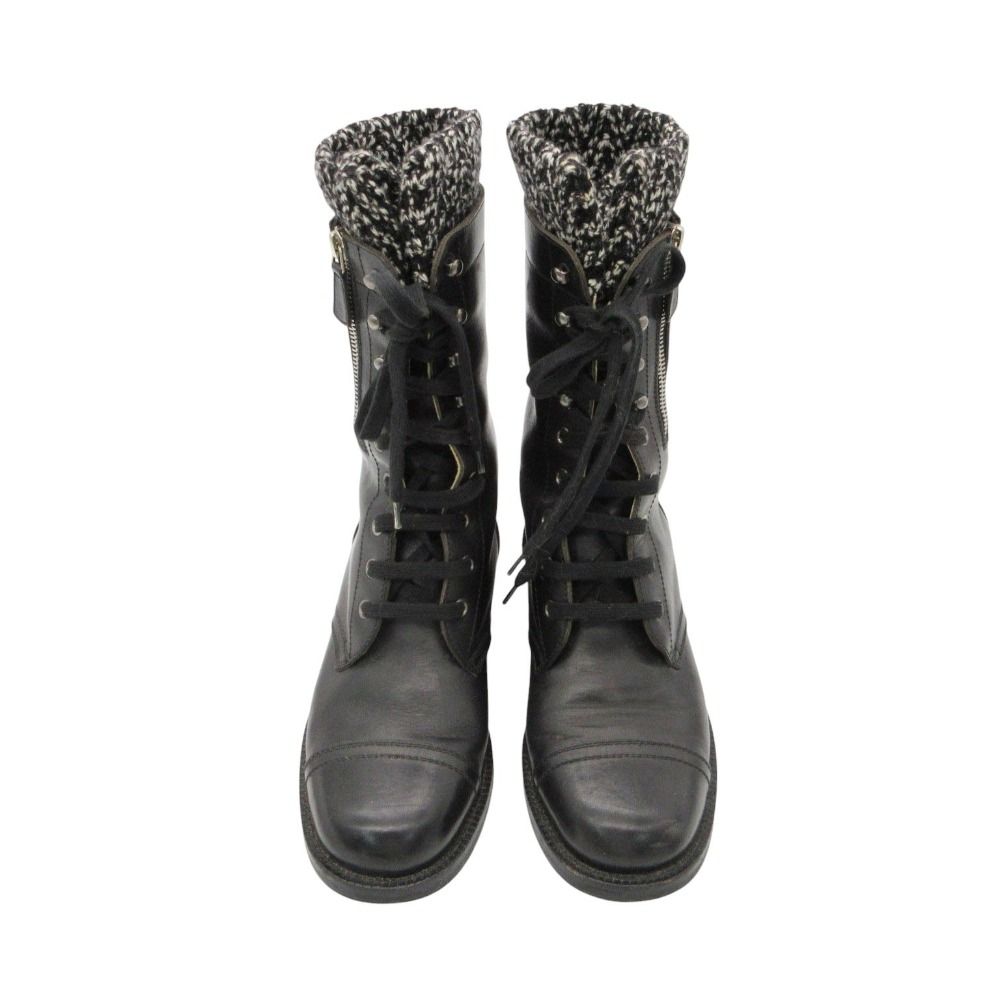 Chanel Boots CC Logo Side Zipper Long Combat Shoes Black — view 5