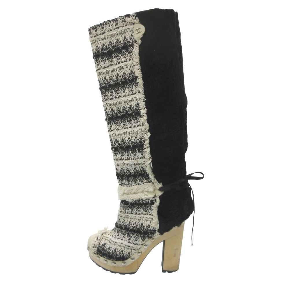 Chanel Boots Long Tweed Lapinfa CC Logo Wood Heels White
