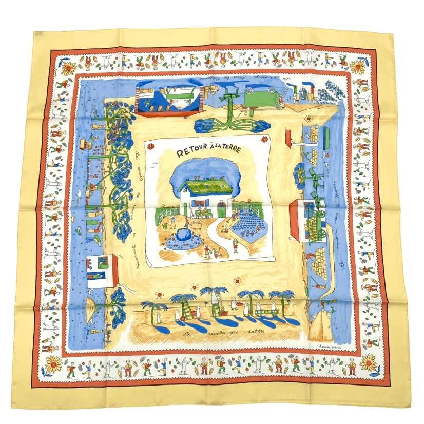 Hermes Carre 90 RE Tour a la Terre Return Yellow Silk 100% Scarf