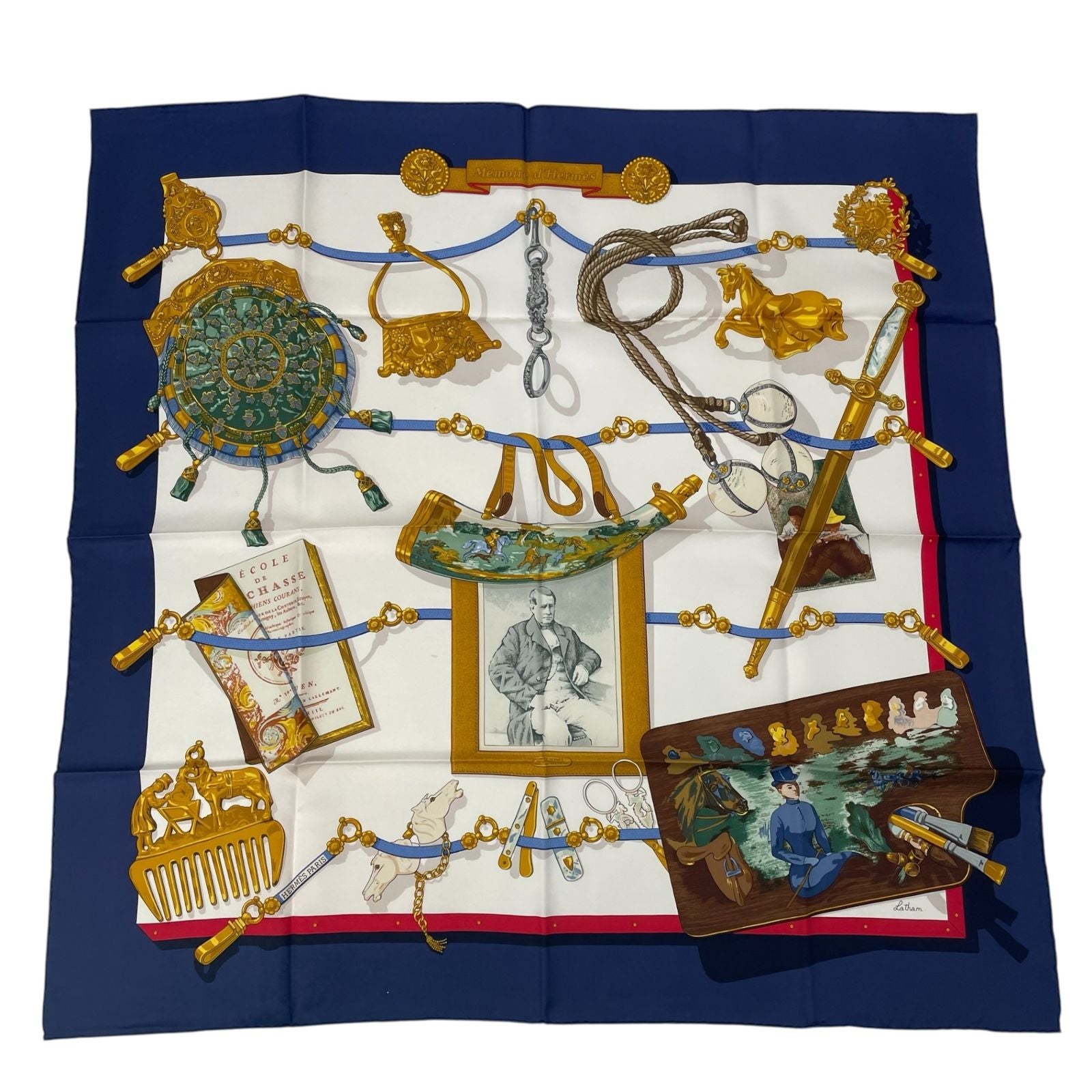 Hermes Scarf Carre 90 Silk Memoire D'hermes Memories Blue White — view 2